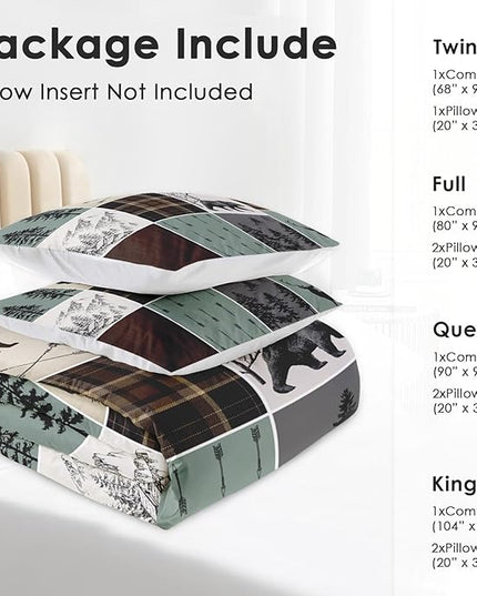Comforter Set Queen Size, Hunting Wildlife Deer Bear Soft 3 Pcs Bedding for Kids and Adults Vintage Winter Animal Plaid Comforter Set with 2 Pillowcases for Bedroom Bed Decor