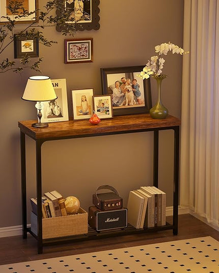 32" Small Console Table, 2-Tier Narrow Entryway Table, Sofa Table with Mesh Shelves, Console Tables for Living Room, Hallway, Entryway, Farmhouse Console Table with Storage, Rustic Brown