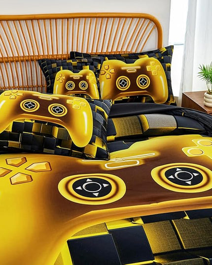 PERFEMET 6 Pieces Queen Bed in A Bag Gamer Black and Gold Boys Comforter Set with Sheets Soft Fluffy 3D Cool Video Game Kids Bedding Set for Teen Girls(Gold, Queen)