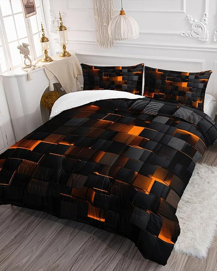 Geometric Yellow Black Comforter Set,Light Honeycomb 3 Piece Bedding Set King Size for Teen Boys,Modern Quilt Set Geometry Decor,Microfiber Lightweight 1 Comforter 2 Pillowcases All Season