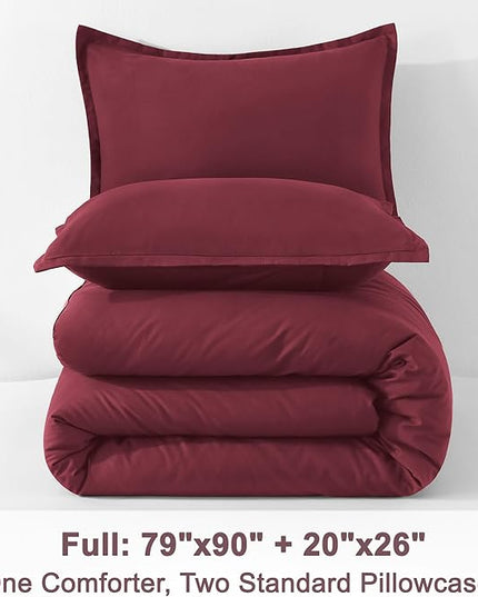 Litanika Burgundy Red Comforter Set Full Size, 3 Pieces Lightweight Solid Bedding Comforter Set, All Season Fluffy Bed Set (79x90In Comforter & 2 Pillowcases)