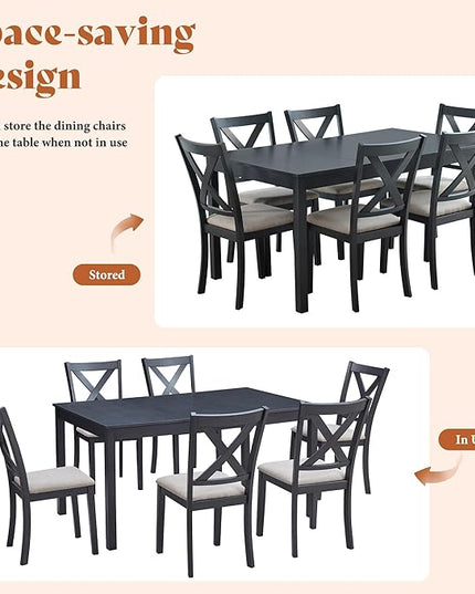 AMERLIFE 7-Piece Farmhouse Dining Table Set with 6 Upholstered Chairs, 60" Space-Saving Dining Table & Chair Set for Dining Room, Kitchen, Small Apartment, Restaurant, Grey & White