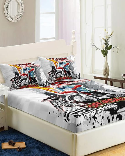 AILONEN Motorcycle Dirt Bike Fitted Sheet Set, Full Size Bedding Sheet Motocross Racing Sheet Set,Teen Boys Motocross Racer Bed Sheet Set 3 Pieces, 1 Fitted Sheet and 2 Pillowcases