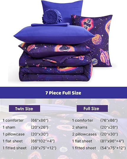 Full Size Comforter Set for Boys-7 Pieces Space Rocket Full Bedding Sets for Kids, Ultra Soft Bed in A Bag with Sheets