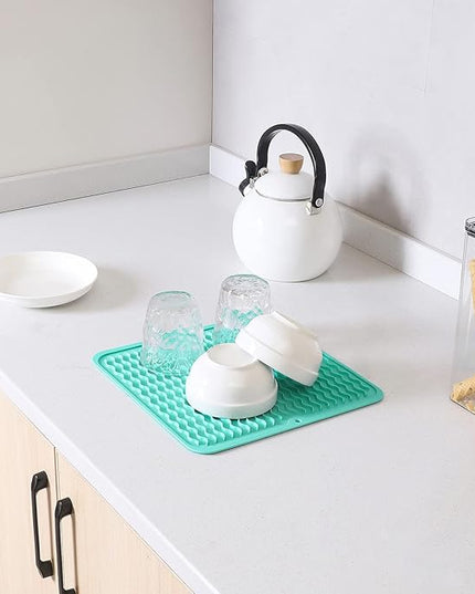 Silicone Dish Drying Mat for Multiple Usage,Easy clean,Eco-friendly,Heat-resistant Silicone Mat for Kitchen Counter or Sink,Refrigerator or Drawer liner Mint M 12 inches x 12 inches