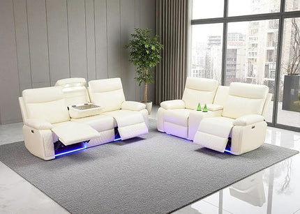 2 Piece Leather Sofa Sets,Power Recliner Sofa and Loveseat Set with LED Light,Living Room Furniture, Reclining Sofa with Cup Holders/Storage Console for House, Vanilla White
