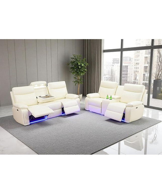 2 Piece Leather Sofa Sets,Power Recliner Sofa and Loveseat Set with LED Light,Living Room Furniture, Reclining Sofa with Cup Holders/Storage Console for House, Vanilla White