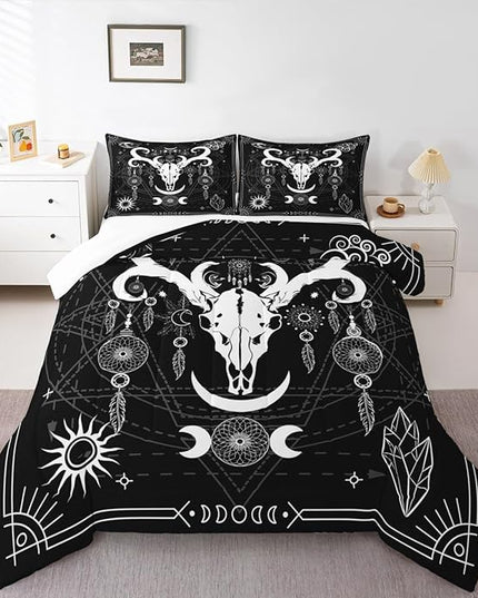 Bull Cow Skull Kids Comforter Set Full Size,Sun Moon Starry Sky Galaxy Trippy Bedding Set,Boys Girls Adults Room Decor,Dreamcatcher Bohemia Down Comforter,Black White Duvet Insert,2 Pillowcases