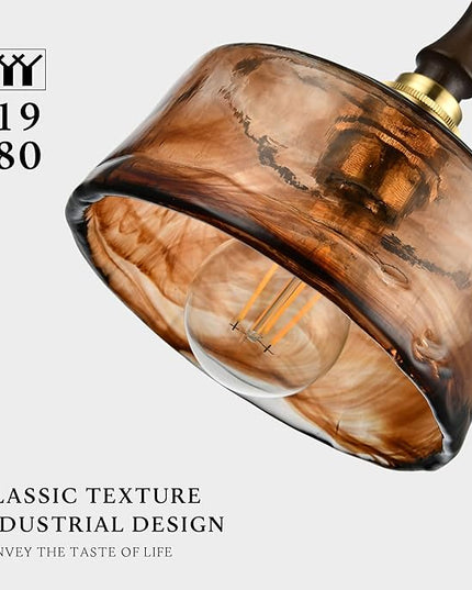 Modern Amber Glass Pendant Light, 6.7"x9.2" Round Hanging Fixture with Golden Wood Accent & Brass Cap, 15"-72" Adjustable Line, E26 Socket – Golden Amber Circle