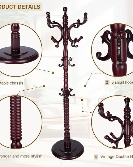 Coat Rack Freestanding with 18 Hooks, Wooden Standing Coat Racks for Entryway, Solid Wood Clothes Hanger Rack with Sturdy Round Base for Entryway, Hall, Bedroom, Office, Hallway