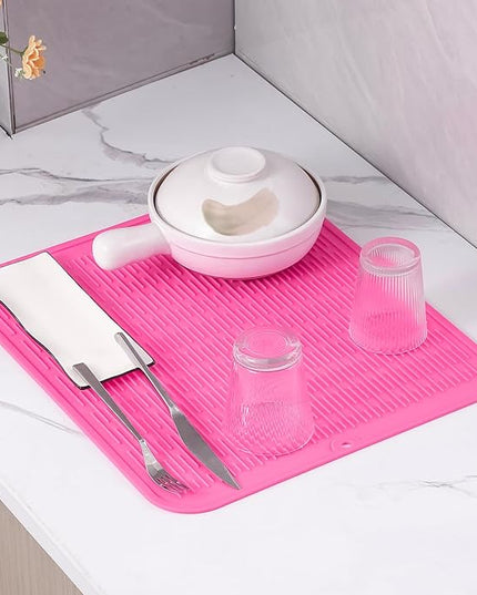 Silicone Dish Drying Mat for Multiple Usage,Easy clean,Eco-friendly,Heat-resistant Silicone Mat for Kitchen Counter or Sink,Refrigerator or Drawer Liner Rose XL 18 inches x 16 inches