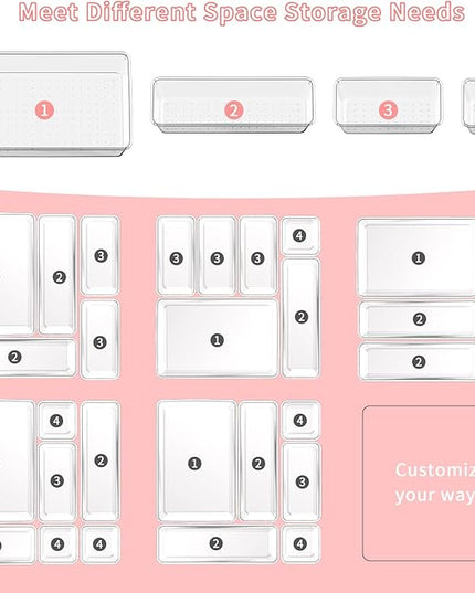 25 PCS Plastic Drawer Organizer Set, 4-Size Clear Bathroom and Vanity Desk Drawer Organizer Trays, Non-Slip Versatile Storage Bins for Makeup Jewelry Office Kitchen Gadgets