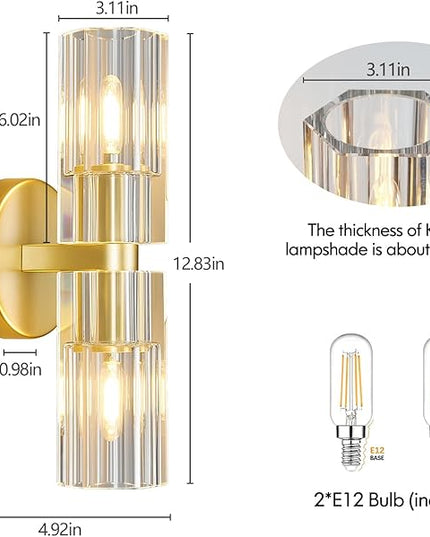 Modern Gold Wall Sconces Set of Two Bedroom Crystal Wall Sconces Indoor Sconces Wall Lighting Living Room Sconces with K9 Crystal Lampshade for Bathroom Hallway Entryway Stairway