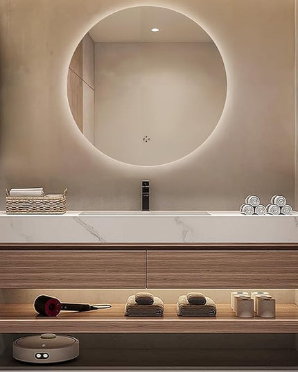 Floating Wood Bathroom Vanity - 2 Large Deep Drawer & Marble Countertop & Open Shelf | Bathroom Led Mirror, Bathroom Vanity with Sink (24'')