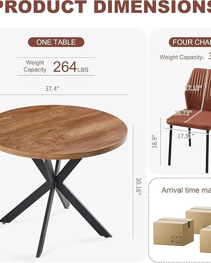 37" Round Dining Table Set for 4, Mid Century Modern Small Coffee Set for Dining Room Kitchen Apartment (Walnut Table + 4 PU Leather Brown Chairs)