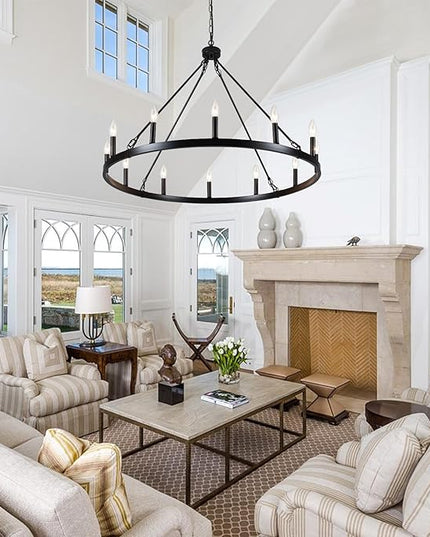 12-Light Black Wagon Wheel Chandelier for Dining Room Farmhouse Pendant Light Fixtures Outdoor for Rustic High Ceilings Round Chandeliers for Living Room Entryway Foyer Kitchen Island,38",E12