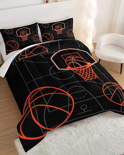 Basketball Court Print Queen Comforter Set for Boys,Ball Sports Games Bedding Set for Teens Kids Bedroom Decor,Orange Basketball Comforter Sets with 2 Pillowcases.