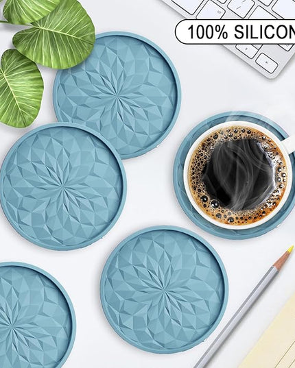 ME.FAN Silicone Coasters with Holder,[6 Pack] Drinking Coasters - Cup Mat for Hot or Cold Drinks, Thickened, Non-Slip, Non-stick,Deep Tray Ether