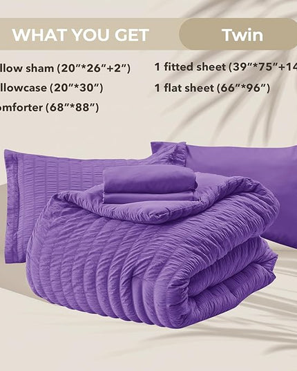 HYMOKEGE Dark Purple Twin Comforter Set Seersucker 5 Pieces, All Season Luxury Bed in a Bag for Bedroom, Bedding Set with Comforter, Sheets, Pillowcase & Sham