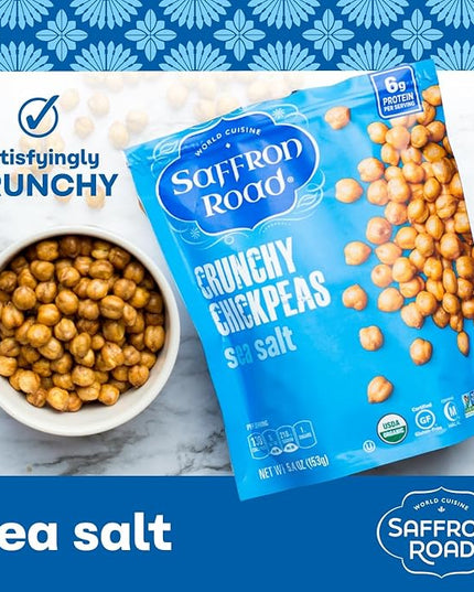 Saffron Road Organic Roasted Sea Salt Crunchy Chickpeas | High-Protein, Vegan, Gluten-Free, Non-GMO, Halal & Kosher Certified Snack | 5.4 oz Resealable Pouch | Pack of 6