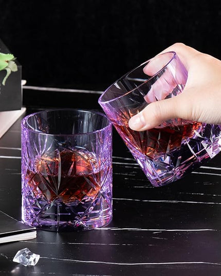 KAMMAK Crystal Whiskey Glasses Set, 8.12 oz (240 ml) Purple Old Fashioned Tumbler, Hand Blown Thick Base Colored Glass with Delicate Rim & Seamless Design for Scotch, Bourbon, Cocktails