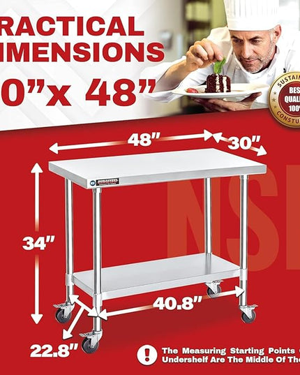 DuraSteel 30x48 NSF Stainless Steel Cart Work Table - Heavy Duty Rolling Food Prep Table Countertop Island - Metal Utility Cart on Wheels Caster, Grill Stand Storage Outdoor Kitchen Tables Bar Top
