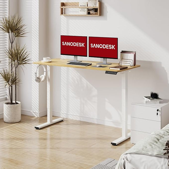 SANODESK Electric Standing Desk 55x24 Inch Height Adjustable Stand Up Desk Home Office Computer Workstation Sit Stand Home Office Desk with Splice Board (White Frame + Maple Top)