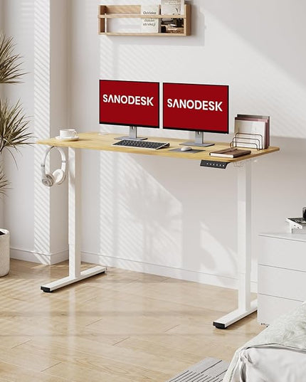 SANODESK Electric Standing Desk 63x24 Inch Height Adjustable Stand Up Desk Home Office Computer Workstation Sit Stand Home Office Desk with Splice Board (White Frame + Maple Top)