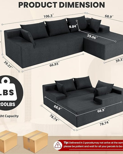 LEVELEVE 107" Cloud Sectional Couch with Deep Seat，Modern Modular Sofa with L-Shape Chaise，No Assembly Required, Upholstered Couches for Living Room Bedroom(Dark Gery,Right Facing Chaise)