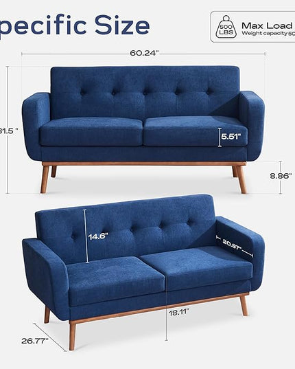 HUIMO Sofa Couch, Mid Century Modern Sofa with Solid Wood Frame, Button Tufted Couch for Bedroom, Living Room, Office, Apartment (Dark Blue, 60 inch)