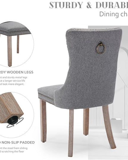 SoarFlash Linen Fabric Dining Chair Set of 4, Upholstered Tufted Dining Room Chair with Nailhead Trim, Solid Light Color Wood Leg for Kitchen (Smoky Gray)
