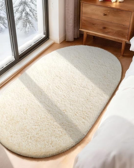 Ophanie 3x5 Oval Rug, Bedside Preppy Dorm Area Rug, College Essentials Non Slip Ivory Small Carpets for Bedroom, Anti Slip Fluffy Living Room Rugs Home Decor Aesthetic, Nursery