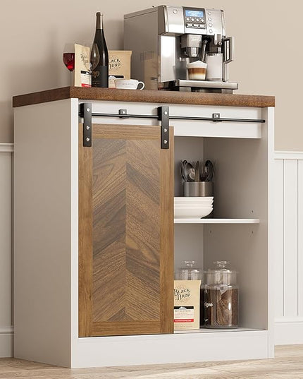 Catrimown Farmhouse Small Coffee Bar Cabinet with Storage, White Coffee Bar Table with Sliding Barn Door, Adjustable Shelves, Bar Cabinet for Kitchen, Dining Living Room, 1 Pack