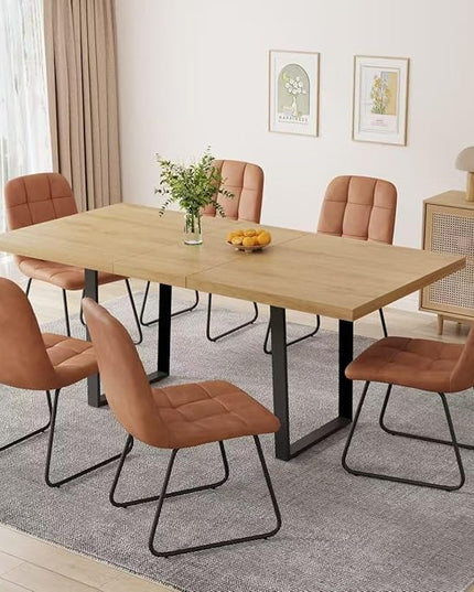 ZckyCine 7-Piece Modern Dining Set, 67" Expandable Oak Dining Table with 6 Brown Faux Leather Upholstered Chairs, Extendable Kitchen Table Set for 6, Scratch-Resistant, Easy Assembly