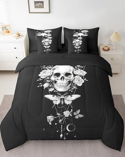 Feelyou 7 Piece Death Moth Bed in a Bag Full Rustic Garden Flower Sheet Set Sun and Moon Galaxy for Boys Girls Kids Gothic Skull Skeleton Bedding Comforter Boho Style Cushion Covers