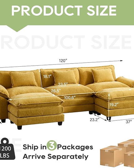 120" Modular Sectional Sofa, Comfy Cloud Couch Sectional Sofa with Ottoman, Chenille Sofa Sleeper Deep Seat Sofa with Throw Pillows for Living Room (Yellow, 120"- U Shape)