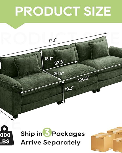 120" Modular Sectional Sofa, Comfy Cloud Couch Sectional, Chenille Sofa Sleeper Deep Seat Sofa with Throw Pillows for Living Room (Green, 120"- 3 Seater)