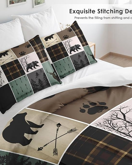 Comforter Set Twin Size, Hunting Wildlife Deer Bear Soft 2 Pcs Bedding for Kids and Adults Vintage Winter Animal Plaid Comforter Set with Pillowcase for Bedroom Bed Decor