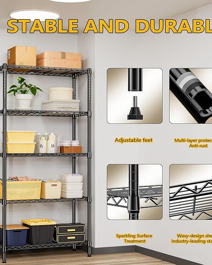 1250 lbs 5 Tier Shelf Metal Storage Shelves Shelving Wire Rack Heavy Duty Closet Organizers for Garage Kitchen Bathroom Laundry Black 15.7" D x 33.5" W x 68.5" H