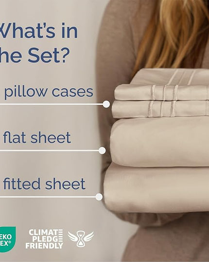 Queen Size 4 Piece Sheet Set - Comfy Breathable & Cooling Bed Sheets Set - Hotel Luxury Bedding for Women, Men, Kids & Teens - Deep Pockets, Easy Secure Fit, Soft and Wrinkle Free - Oeko-Tex - Wheat