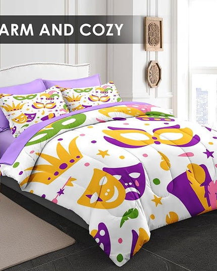 Comforter Set Twin Size, Happy Purple Gold Mask 5 Pcs Bedding for Kids and Adults, Mardi Carnival Party Bed Sheet Sets with Fitted Sheet Pillowcase & Sham for Bedroom Bed Decor