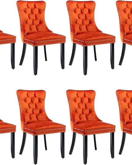 SoarFlash Velvet Dining Chair Set of 8, Upholstered Tufted Dining Room Chair with Nailhead Trim and Solid Wood Leg for Kitchen (Orange)