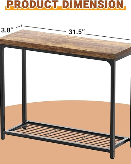 32" Small Console Table, 2-Tier Narrow Entryway Table, Sofa Table with Mesh Shelves, Console Tables for Living Room, Hallway, Entryway, Farmhouse Console Table with Storage, Rustic Brown