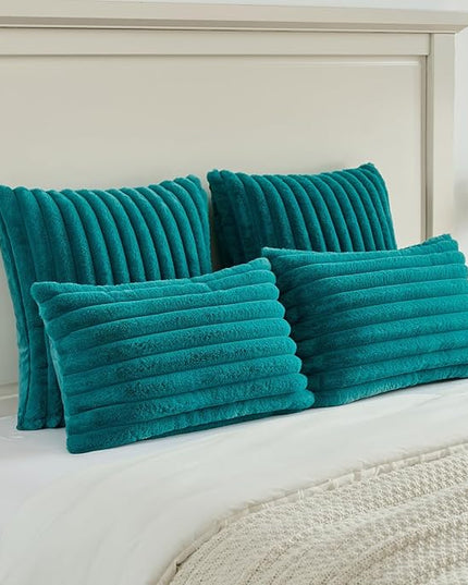 FUTEI Teal Green Throw Pillow Covers Set of 2, 28x28 Inch Striped Texture Euro Pillow Shams with Soft Faux Rabbit Fur Front & Velvet Back, Modern Decorative Couch Pillows for Living Room