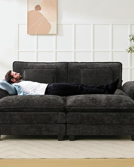 86" Modular Sectional Sofa, Comfy Cloud Couch Sectional Sofa with Ottoman, Chenille Sofa Sleeper Deep Seat Sofa with Throw Pillows for Living Room (Black)