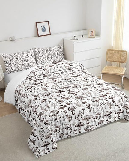 Manfei Mushroom Kids Comforter Set Queen Size,Hand Drawn Sketch Bedding Set,Boys Girls Room Decor,Botanical Plants Weed Flowers Rustic Down Comforter,Brown White Boho Retro Duvet Insert,2 Pillowcases