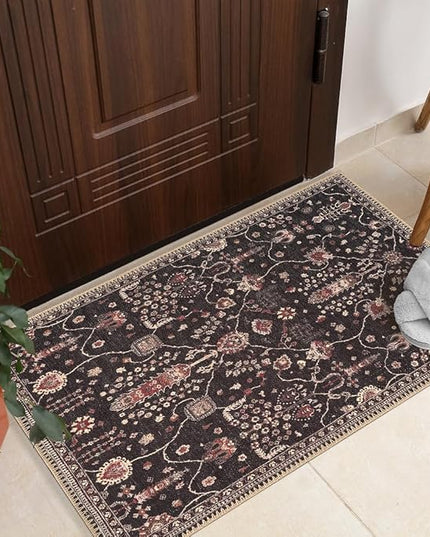 GLN Rugs Bohemian Collection - Machine Washable Area Rug, Bohemian Vintage, Non Slip, Low Pile Chenille Rug, Living Room, Bedroom, Bathroom Rug (2'x3' Black)