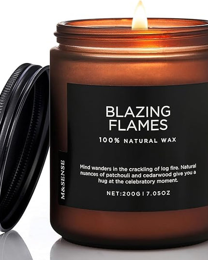 M&SENSE Blazing Flames Scent with Log Fire, Natural Soy Wax Slow Burning Candle for Home Decor, Cedarwood &Cade Scented 7.05oz 50 Hours Burn Cotton Wick Gifts for Celebration Holiday