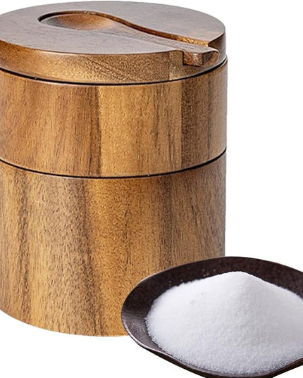 Salt Cellar – Pepper Container with Magnetic Swivel Lid Wooden Coffee and Sugar Storage Cellar Bowl with Spoon, Ideal for Seasoning, Cooking, Dining Table, Kitchen Countertop 3.54in