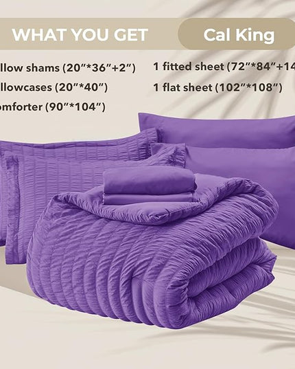 HYMOKEGE Dark Purple California King Comforter Set Seersucker 7 Pieces, All Season Luxury Bed in a Bag for Bedroom, Bedding Set with Comforter, Sheets, Pillowcases & Shams